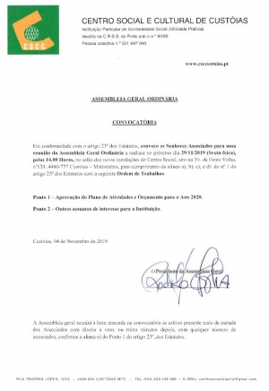 Convocat&oacute;ria para Assembleia Geral Ordin&aacute;ria de 29/11/2019